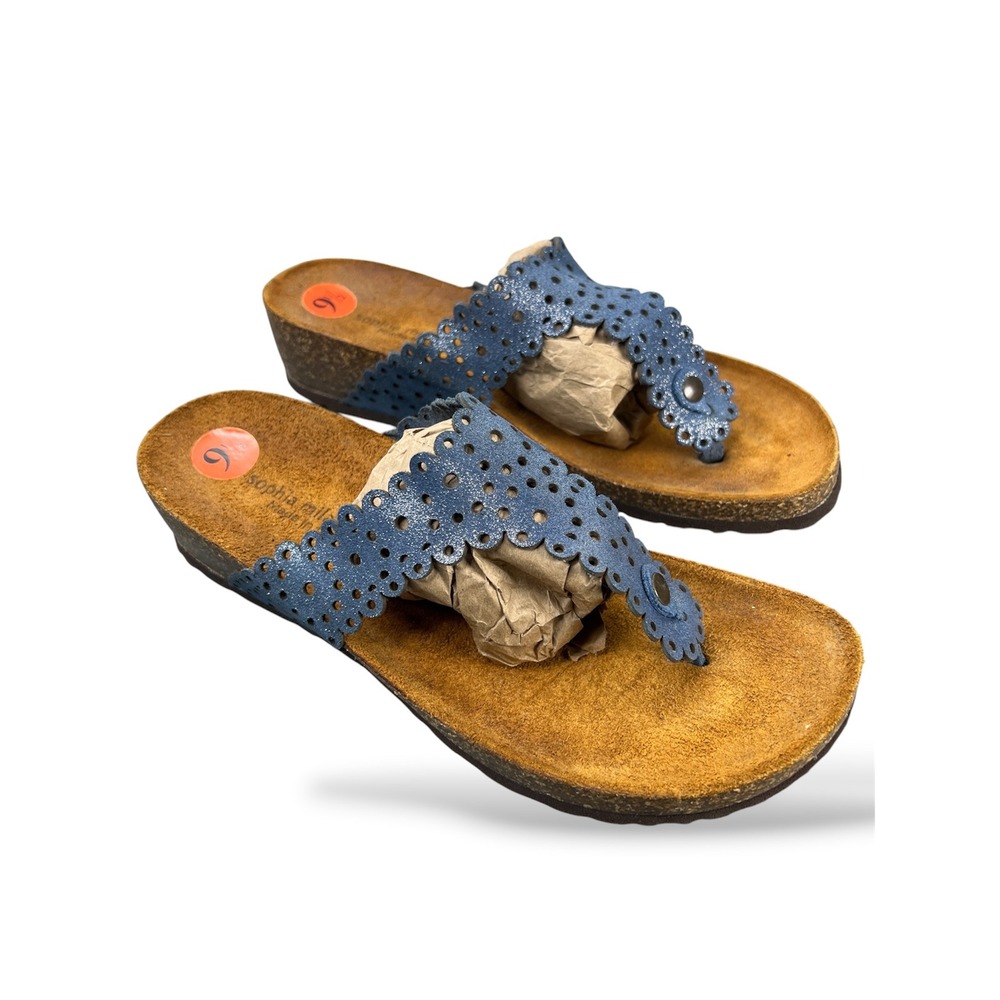 Sophia Milano Blue Laser Cut Floral Cork Wedge Thong Sandals Made in Italy 9.5